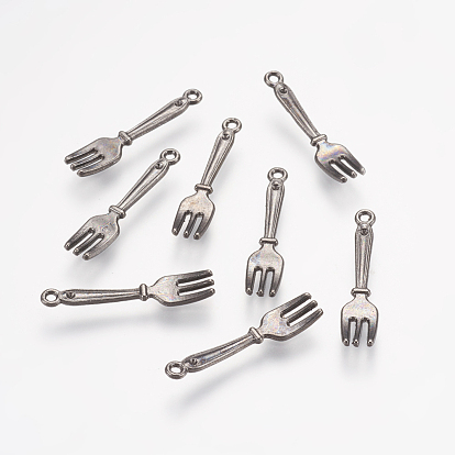 Tibetan Style Alloy Pendants, Cadmium Free & Lead Free, Kitchen Utensil Pendants, Fork, 27x6x2mm, Hole: 2mm