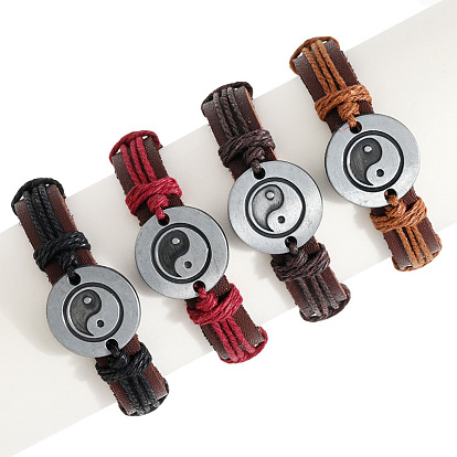 Adjustable Cowhide Cord Bracelets for Men, Antique Silver Tone Yin Yang Alloy Links Bracelets