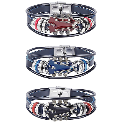 3Pcs 3 Colors Alloy & Leather Cord Bracelets for Men Women, Guitar