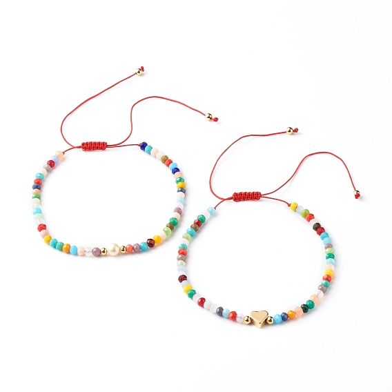 Nylon Thread Braided Bead Bracelets Sets, with Imitation Jade Glass Beads, Brass Beads, Heart