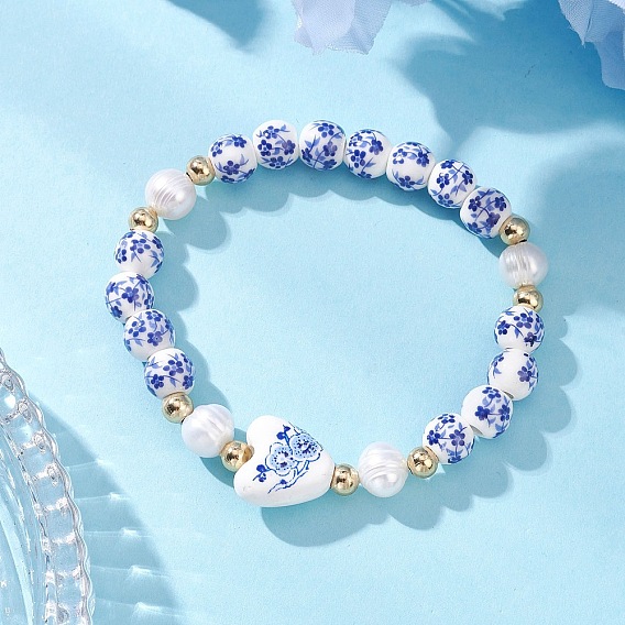 Браслеты ручной работы из фарфора, керамики и натурального культивированного пресноводного жемчуга с цветочным принтом для женщин, круглый и сердце
