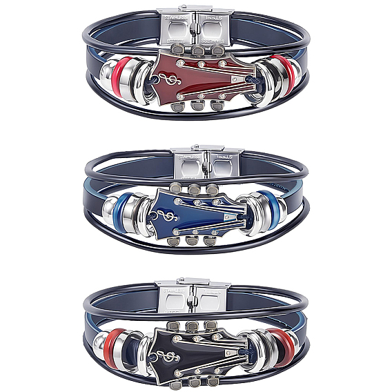 3Pcs 3 Colors Alloy & Leather Cord Bracelets for Men Women, Guitar
