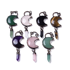 Natural Gemstone Crescent Moon Big Pendants, Faceted Bullet Gems Charms with Red Copper Plated Brass Findings