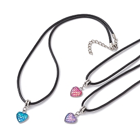 Heart with Fish Scale Shape 304 Stainless Steel with Resin Pendant Necklaces, with Imitation Leather Cords