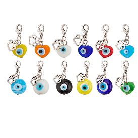 12pcs 2 styles de décorations suspendues en alliage et en lampwork faites à la main contre le mauvais œil, avec alliage homard fermoirs pince, coeur et plat rond