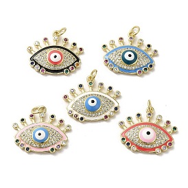 Brass Micro Pave Cubic Zirconia Pendants, with Enamel, with Jump Ring, Real 18K Gold Plated, Evil Eye