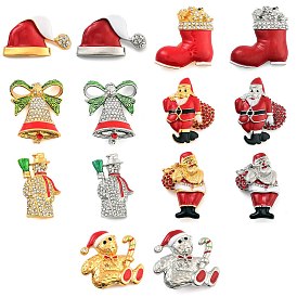 Christmas Theme Enamel Pins, Alloy Rhinestone Brooches for Backpack Clothes, Snowman/Santa Claus/Christmas Bell/Christmas Hat/Christmas Socking