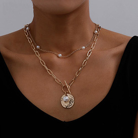 Chic Double Layer Pearl Chain Necklace with Vintage Alloy Lock, Creative and Minimalistic Design