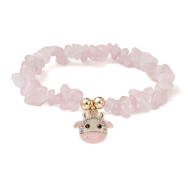 Natural Mixed Gemstone Chips Stretch Bracelets, with Alloy Enamel Cattle Charms