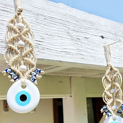 Flat Round with Evil Eye Glass Big Pendant Decoration, with Hemp Rope, for Wall Hanging Decoration