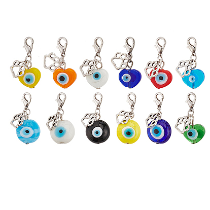 12pcs 2 styles de décorations suspendues en alliage et en lampwork faites à la main contre le mauvais œil, avec alliage homard fermoirs pince, coeur et plat rond