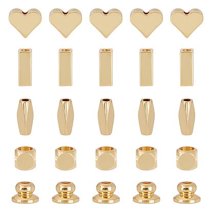 40Pcs 5 Style Brass Bead Caps & Beads, Cadmium Free & Nickel Free & Lead Free, Cap & Heart & Cuboid & Twist Oval & Six Sided Celestial Dice