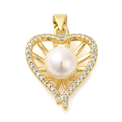 Rack Plating Brass Micro Pave Cubic Zirconia Pendants, with Plastic Imitation Pearl Beads, Cadmium Free & Lead Free, Long-Lasting Plated, Heart