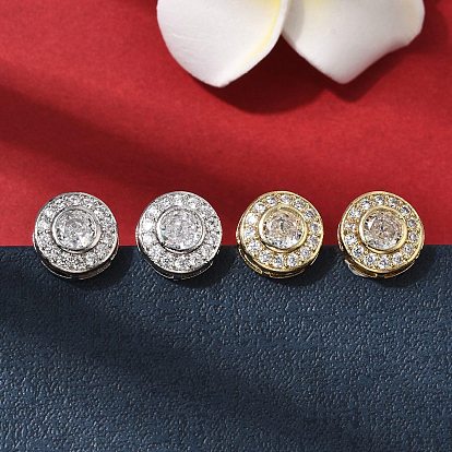 Плоские круглые серьги-гвоздики из латуни с микропаве и прозрачным фианитом, долговечный, стойки покрытие, без свинца и без кадмия