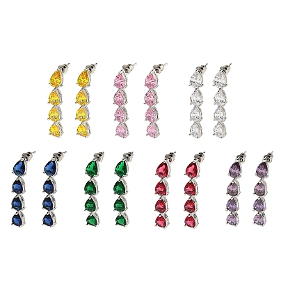 Rack Plating Platinum Tone Brass Cubic Zirconia/Glass Studs Earrings for Women, Teardrop