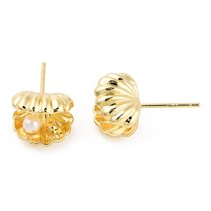 Natural Pearl Shell/Scallop Shape Stud Earrings with 925 Sterling Silver Pins, Brass Jewelry for Women