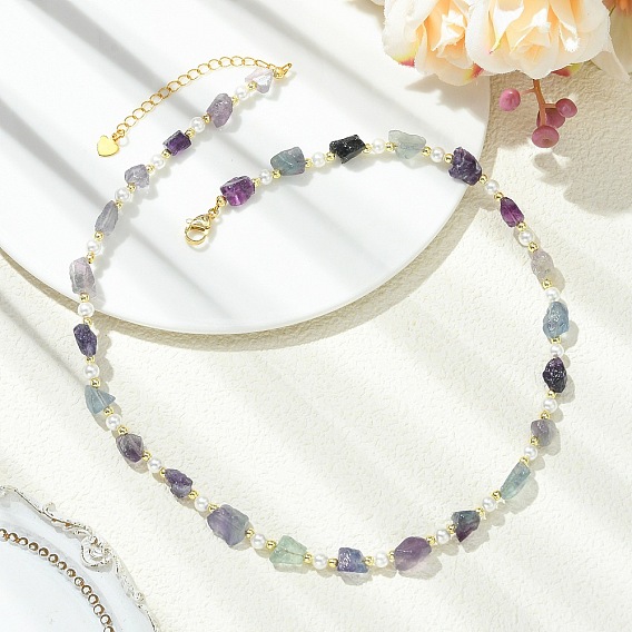 Raw Rough Natural Fluorite Necklaces, with Shell Pearl, Nuggets