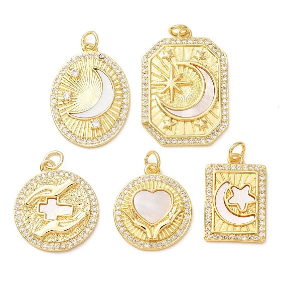 Brass Micro Pave Clear Cubic Zirconia Pendants, with Natural Shell, Golden