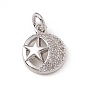 Brass Micro Pave Cubic Zirconia Charms, with Jump Rings, Flat Round with Star & Moon Pattern Charm