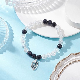 Браслеты с подвесками из листового сплава, Браслеты из синтетического синего авантюрина и гальванизированного кварца с потрескивающими бусинами для мужчин и женщин