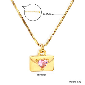 304 Collares con colgante de corazón tipo sobre de acero inoxidable con circonitas cúbicas rosas para mujer