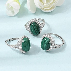 Brass Micro Pave Cubic Zirconia Finger Rings, Oval, with Natural Malachite, Platinum