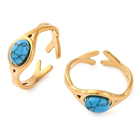 Oval Synthetic Turquoise Finger Rings, Ion Plating(IP) 304 Stainless Steel Open Cuff Rings for Women