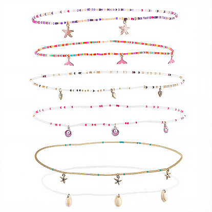 6 шт. 6 стили стеклянные бусины эластичные цепочки на талию для женщин, с сплава прелести, золотые, разноцветные
