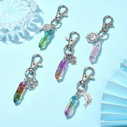 Copper Wire Wrapped Glass Bullet Pendant Decoration, with Alloy Swivel Lobster Claw Clasps and Tibetan Style Alloy Pendant, Mixed Shapes