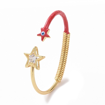 Enamel Star with Evil Eye Open Cuff Bangle with Clear Cubic Zirconia, Real 18K Gold Plated Brass Jewelry for Women