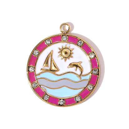 304 нержавеющей стальной эмали подвески, Плоская круглая фигурка с подвеской в виде корабля и дельфина., со стразами, ионное покрытие (ip), реальный 18 k позолоченный