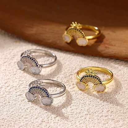 Кольца для женщин с микропаве из латуни и кубическими цирконами, Радуга с облаком, с эмалью