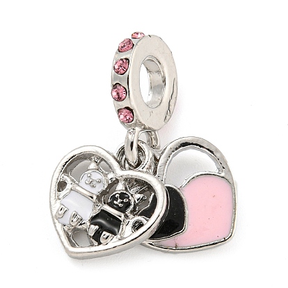 Rack Plating Alloy Enamel Heart European Dangle Charms, Large Hole Pendants, with Rhinestone, Platinum, Cadmium Free & Nickel Free & Lead Free