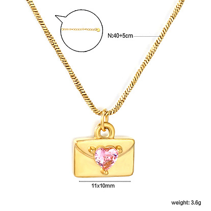 304 Collares con colgante de corazón tipo sobre de acero inoxidable con circonitas cúbicas rosas para mujer
