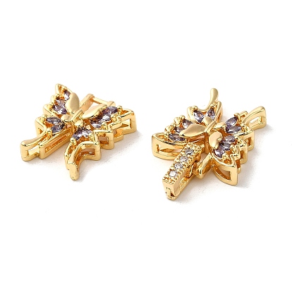 Rack Plating Brass Pave Lilac Cubic Zirconia Fold Over Clasps, Cadmium Free & Lead Free, Long-Lasting Plated, Butterfly