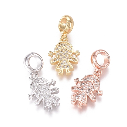 Brass Micro Pave Clear Cubic Zirconia European Dangle Charms, Large Hole Pendants, Girl