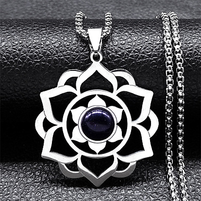 Чакра цветок лотоса 201 ожерелья из нержавеющей стали с синтетическим синим золотым камнем для женщин