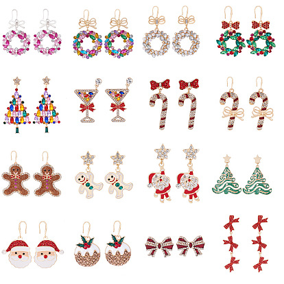 Рождественские серьги-гвоздики из сплава, с эмалью, стразами, акрилом и пластиковыми жемчужинами