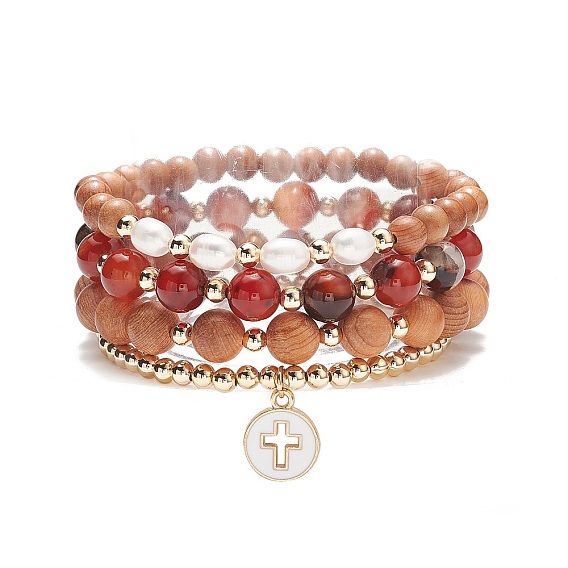 4Pcs 4 Style Natural Wood & Pearl & Agate Beaded Stretch Bracelets Set, Brass Cross Charms Stackable Bracelets for Women