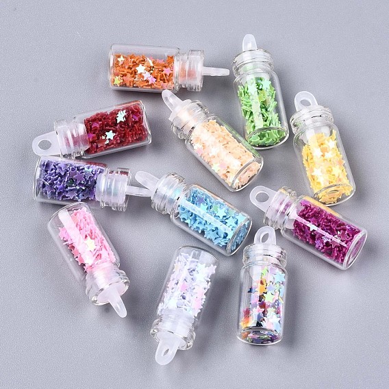 Glass Wishing Bottle Pendant Decorations, with Star Glitter Sequins/Paillette inside, with Plastic Plug