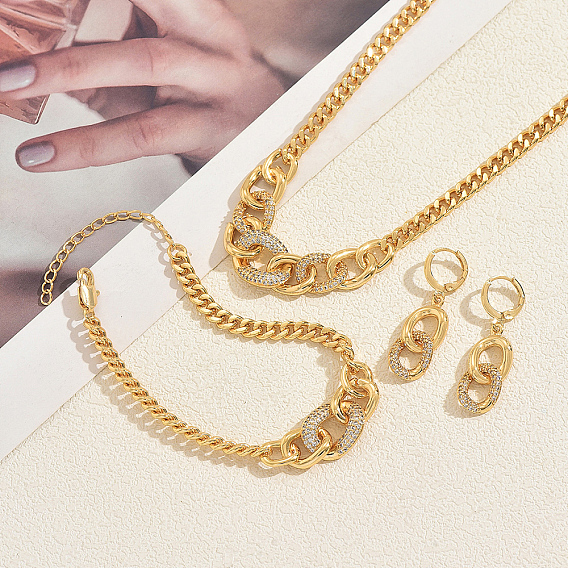 Браслеты, серьги и ожерелья из латуни с прозрачными кубическими циркониями, цепочки якорного плетения, комплекты для женщин.