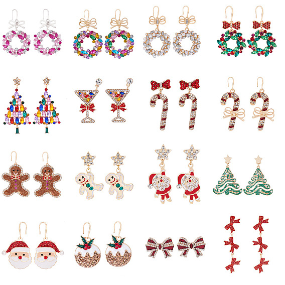 Рождественские серьги-гвоздики из сплава, с эмалью, стразами, акрилом и пластиковыми жемчужинами