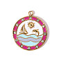 304 нержавеющей стальной эмали подвески, Плоская круглая фигурка с подвеской в виде корабля и дельфина., со стразами, ионное покрытие (ip), реальный 18 k позолоченный