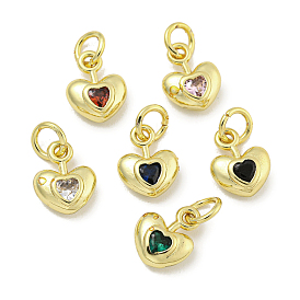 Rack Plating Brass Micro Pave Cubic Zirconia Charms, with Jump Ring, Cadmium Free & Lead Free, Real 18K Gold Plated, Long-Lasting Plated, Heart