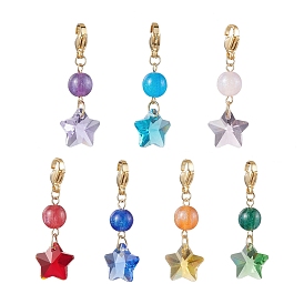 7Pcs 7 Colors Star Glass Pendant Decooration, Round Resin & Lobster Claw Clasps Charms for Bag Ornaments