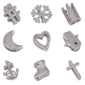 Brass Micro Pave Clear Cubic Zirconia Slide Charms, Long-Lasting Plated, Cadmium Free & Nickel Free & Lead Free, Mixed Shapes
