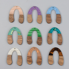 Resin & Walnut Wood Pendants, U Shape, Mixed Color