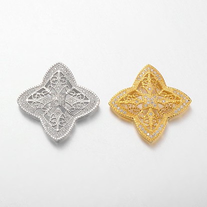 Filigree Flower Brass Micro Pave Cubic Zirconia Pendants, Multi-strand Links, Lead Free & Nickel Free, 30x30x5mm, Hole: 4x1mm