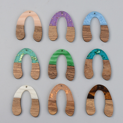 Resin & Walnut Wood Pendants, U Shape, Mixed Color