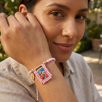 Браслеты с подвесками из нержавеющей стали с принтом, регулируемые плетеные браслеты из нейлоновой нити для женщин, прямоугольник с изображением Иисуса и Девы Марии